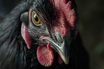 Poster - Black chicken looking intently with dark background and copy space