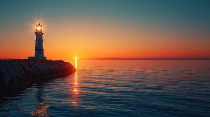 Sunset over Ocean with Lighthouse in Tranquil Scene