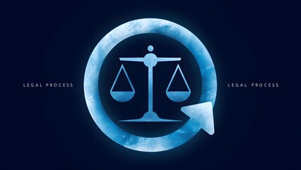 A blue icon with a circular arrow design, encompassing a symbol of a balance scale. Below the icon, there's a textual label that reads 'LEGAL PROCESS'. The balance scale symbolizes justice