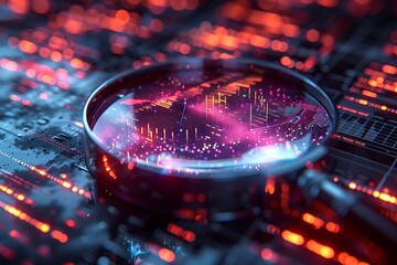 Fototapete - A magnifying glass on a computer circuit board. 3d rendering