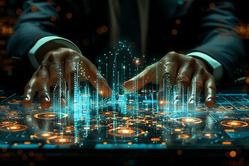 Fototapete - Close up of human hands using digital tablet with binary code hologram