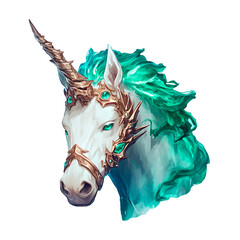 Magic creature unicorn head, mystery animal, watercolor style. Mythical magical being with horn, fairy fantasy. Cut isolated illustration on transparent