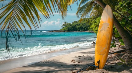 Wall Mural - Tropical Beach with Surfboard, Pristine Waters and Palm Trees, Perfect Summer Vibes