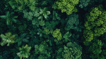 Top view drone shot of a tropical rainforest canopy