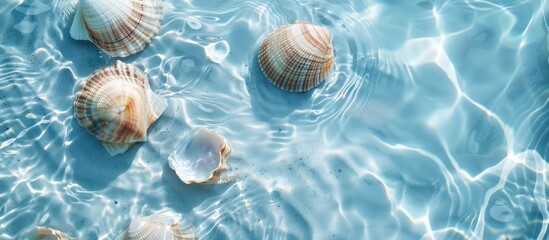 Wall Mural - Blue Water Texture with Shells on the Surface of a Pool: Spa Concept Background