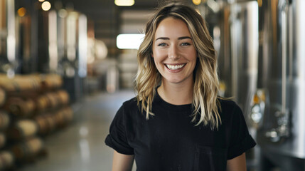 Wall Mural - Confident young female entrepreneur smiling in a modern brewery