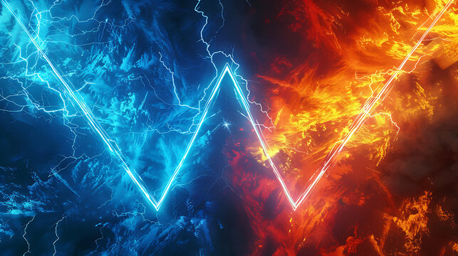 a vibrant scene with two distinct halves separated by a glowing, neon triangle at the center