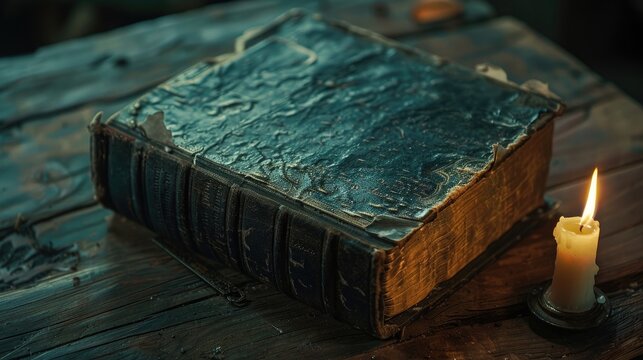 In the dim light of a flickering candle, an ancient leather-bound book rests atop a weathered wooden table, its worn edges and faded text hinting at the knowledge hidden within its pages