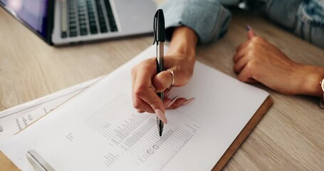 Canvas Print - Woman, hands and writing with clipboard for checklist, inventory or checking stock in logistics on desk. Closeup of female person or business owner filling form for shipment, distribution or boxes