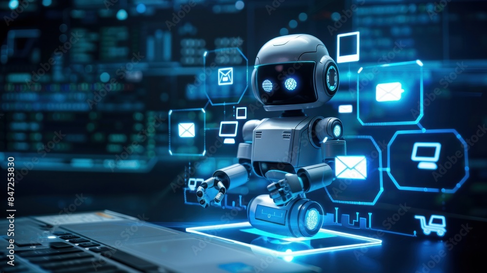 Robot using pc computer, AI icons hologram, chat bot. Stock ...