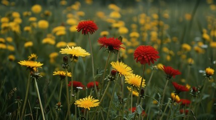 Poster - Wildflowers red and yellow blooms along with dandelions adorn a meadow in its natural habitat