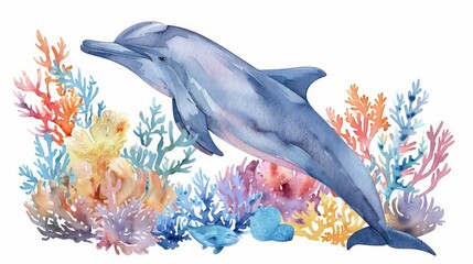 Canvas Print - Cute Dolphin swimming among coral reefs, depicted in a flat art style with pastel colors isolated on a white background. Watercolor illustration for a t-shirt, print. stickers