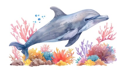 Poster - Cute Dolphin swimming among coral reefs, depicted in a flat art style with pastel colors isolated on a white background. Watercolor illustration for a t-shirt, print. stickers