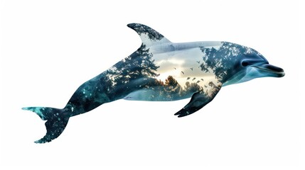 Canvas Print - Dolphin silhouette with double exposure of sea life. A beautiful dolphin with a nature landscape on white background. Beautiful print design, interior picture. Save dolphins, ocean pollution