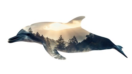 Poster - Dolphin silhouette with double exposure of sea life. A beautiful dolphin with a nature landscape on white background. Beautiful print design, interior picture. Save dolphins, ocean pollution