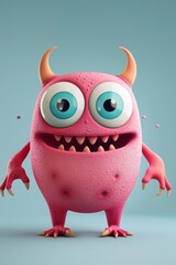 Wall Mural - Cute pink monster with big eyes and sharp teeth is smiling