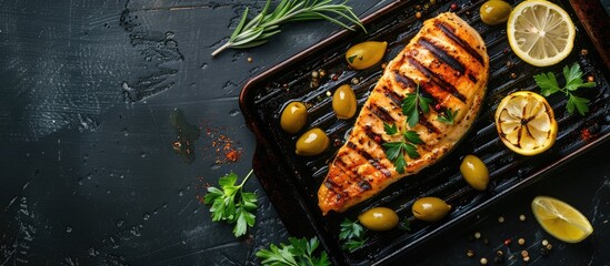 Wall Mural - Grilled Chicken Fillet with Lemon, Green Olives, and Herbs Arranged Stylishly on a Black Metal Tray - Top View with Text Space.