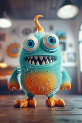 Wall Mural - Cute and colorful cartoon monster with big eyes and sharp teeth smiling on a wooden floor