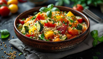 Bowl of roasted vegetables with couscous, garnished with herbs