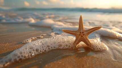 Serene Morning Beach with Starfish and Gentle Waves