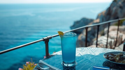 Wall Mural - Blue drink on table with sea and sky view.