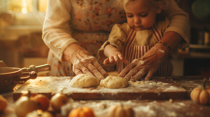 Grandmother and Grandaughter baking. A family moment at Thanksgiving. Cozy Autumn aesthetic.