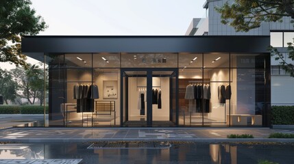 Modern Dry Cleaning Shop Exterior with Sleek Facade and Large Windows for Inviting Atmosphere