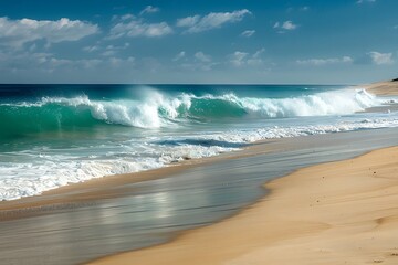 A serene beach where the waves crash in rhythm, creating a natural symphony