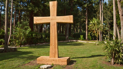 Wall Mural - A wooden cross standing in the middle of a forest park, serving as a memorial plaque for certain people and a tribute to their memory.