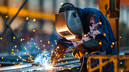 Experienced welder using safety equipment to weld metal structures with sparks flying