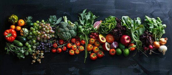 Wall Mural - Fresh produce displayed on a black table from an aerial perspective