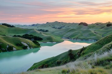 Wall Mural - A serene landscape of rolling hills and a crystal-clear lake at dawn, with the sky painted in soft hues of pink and orange