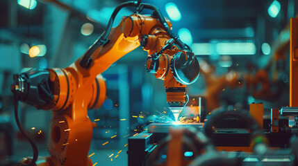 Aufkleber - High-tech manufacturing setting utilizes a robotic arm for precise welding