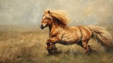 Shetland pony moving gracefully in a field