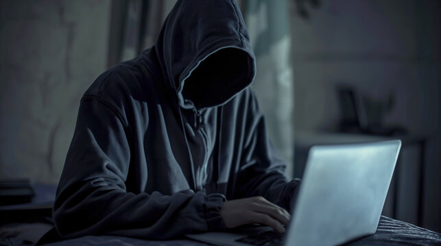 Silhouetted hacker with hood using a laptop in darkness, representing cybercrime, internet privacy, and network security.