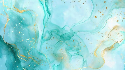 Wall Mural - Pastel cyan mint liquid marble watercolor background with gold lines and brush stains, teal turquoise marbled alcohol ink drawing effect, vector backdrop, watercolour wedding invitation, glow