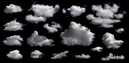 Wall Mural - Clouds set isolated on black background. White cloudiness, mist or smog background.