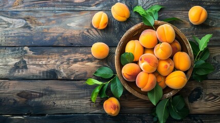 Fresh apricots sit in a bowl on a wooden surface. Green leaves decorate the top of the bowl.