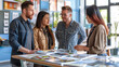 © Катерина Євтехова - a telephoto shot of a couple and a real estate agent standing around a table with property brochures, looking engaged, Couple, diversity people, real estate, agent, office, houses,