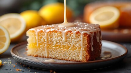 Wall Mural - A slice of lemon cake with a drizzle of icing on top