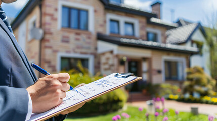 Real estate appraiser taking notes on clipboard outside a suburban house