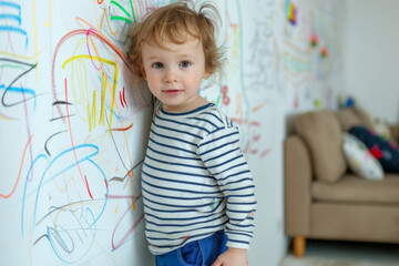 Little kid made scribbling with colored pencils on white wall. Chaotic and messy drawing in living room at home. Child's artistic exploration, difficulties of parenthood