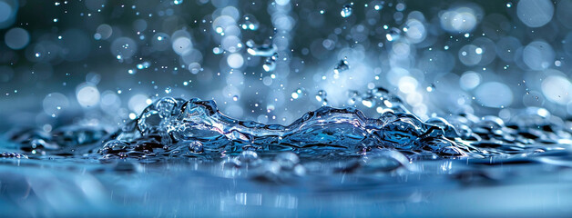 side view blue clean water flowing surface from under water in a rainy day with water bubbles