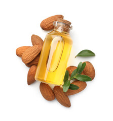 Wall Mural - Bottle of almond oil and fresh nuts isolated on white, top view