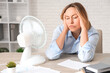 © Pixel-Shot - Mature businesswoman with electric fan suffering from heat in office