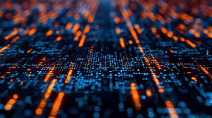 Orange data streams are flowing through futuristic blue circuitry