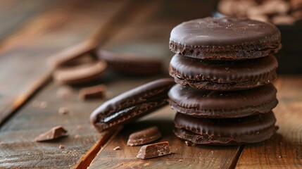 Closeup of tasty choco pies on a wooden table with room for text