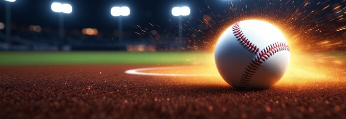 A close-up of a baseball on the stadium turf. Sports. Banner, poster, background, postcard.