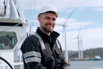 A wind turbine technician smiles while standing on the deck of a service vessel. He is wearing a safety vest and hard hat. Wind turbines are visible in the background.