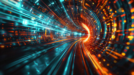 Poster - Light trails racing through a digital tunnel, hinting at swift technological progress
